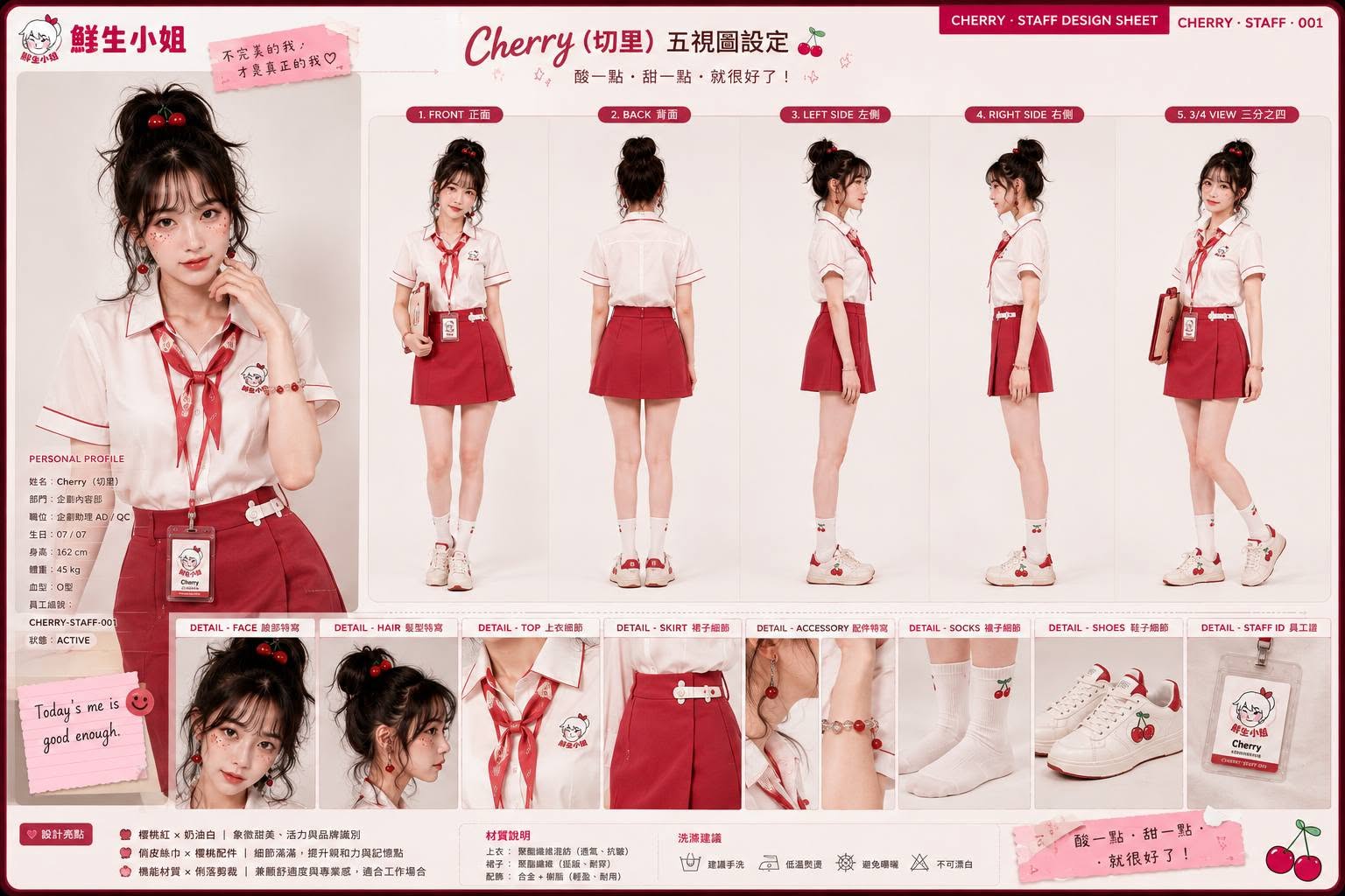 Cherry 主視覺服裝設定:白上衣、紅領巾與櫻桃色裙裝