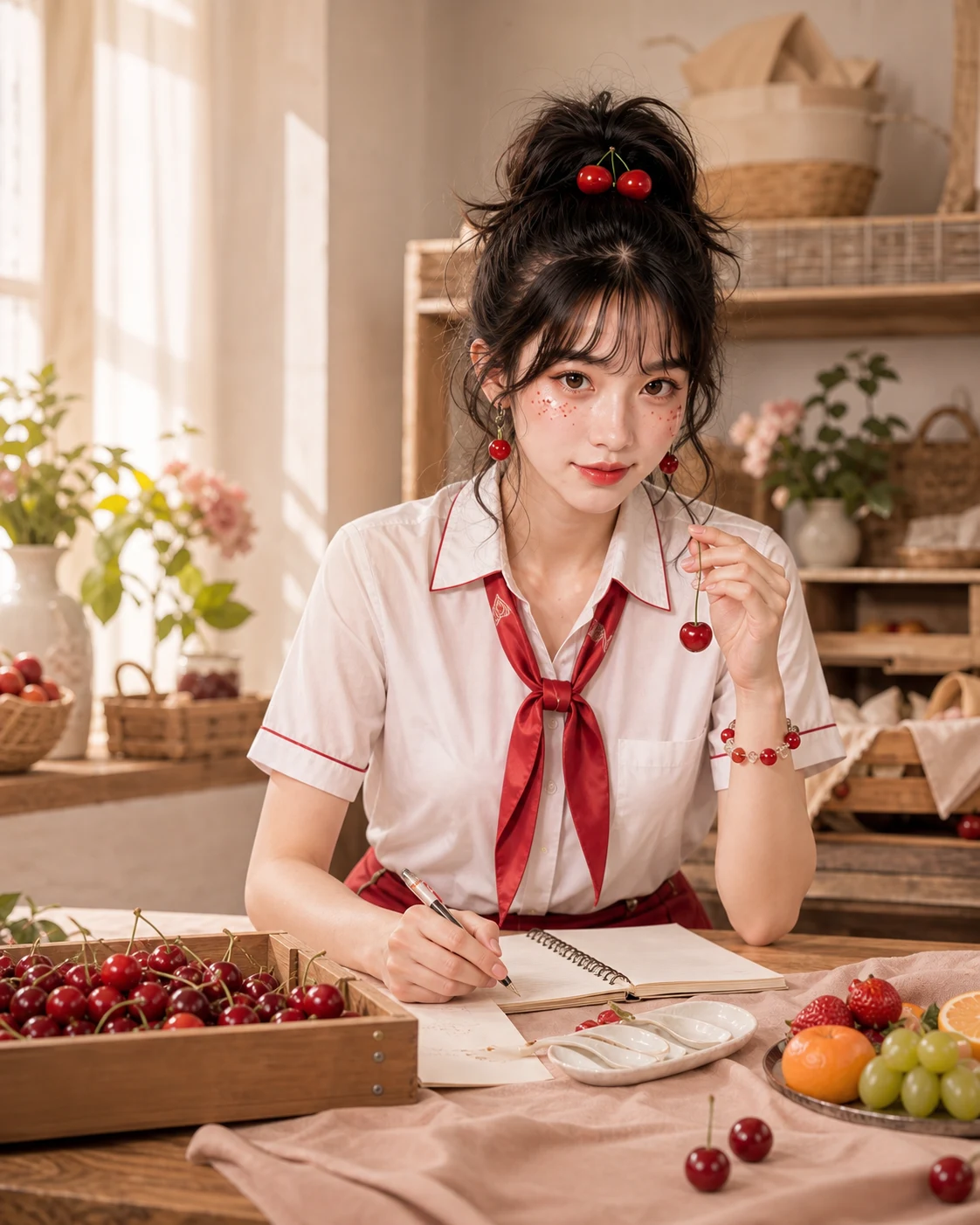 Cherry 在工作桌整理水果風味筆記